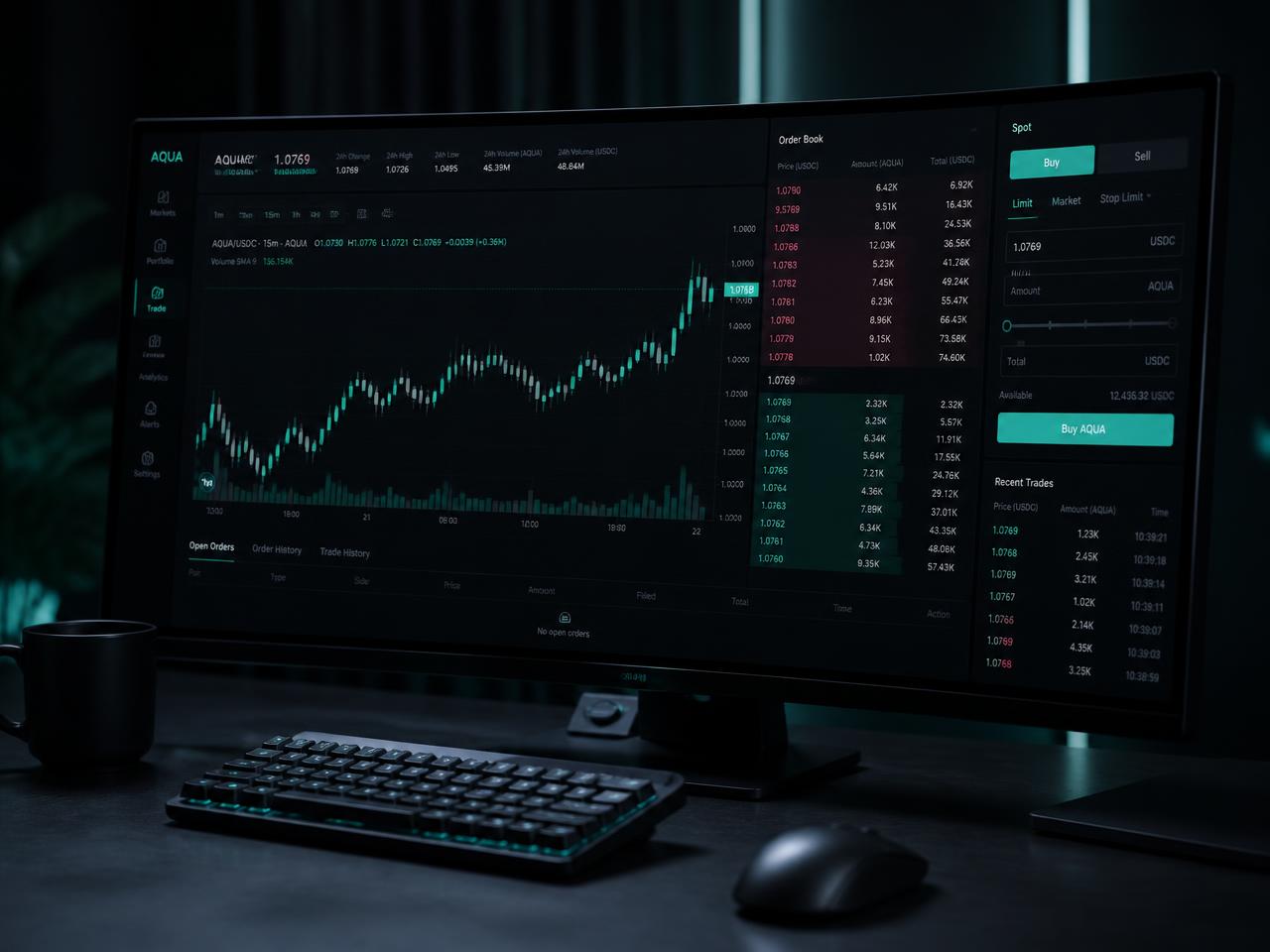 Dark trading terminal displaying aqua candlestick charts and an order book